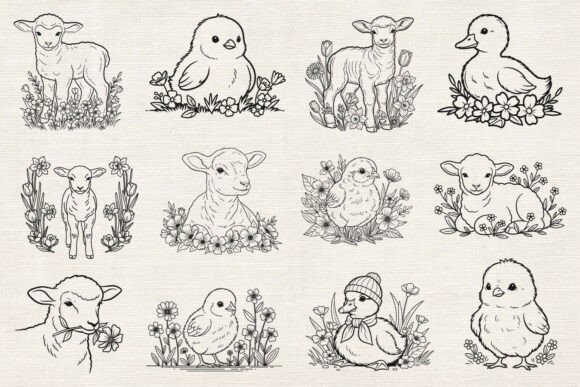 Spring Easter Farm Animals Svg Line Art Review